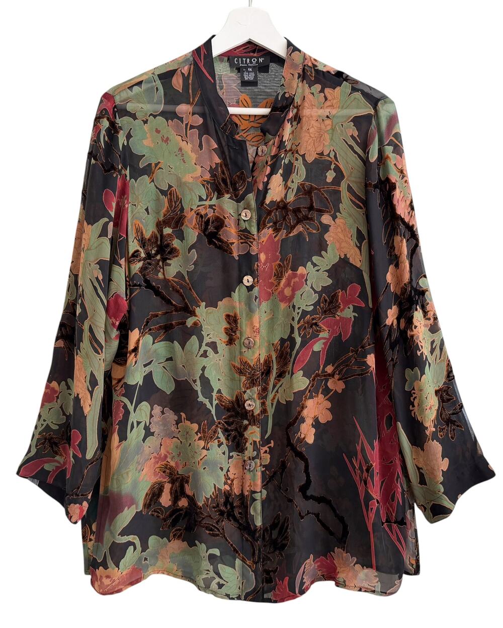 Citron Santa Monica Silk Velvet Burnout Asian Mandarin Blouse Top 1X